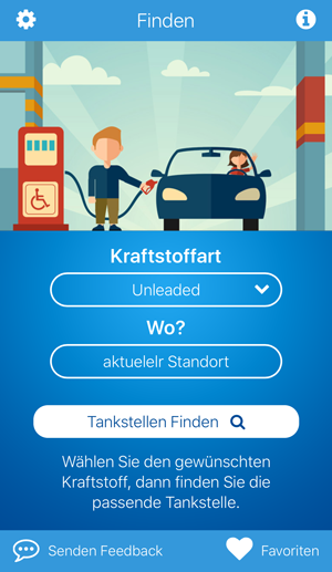 Bildschirm der fuelService-App zum Auswählen der Kraftstoffart und Suchen naher Tankstellen