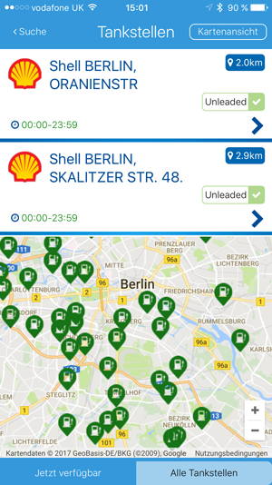 Bildschirm der fuelService-App mit Liste und Karte naher Tankstellen