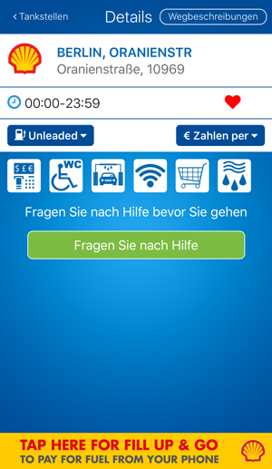 Detailansicht einer Tankstelle in der fuelService-App mit der Schaltfläche zum Anfordern von Hilfe