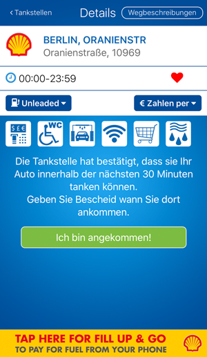 Bestätigung in der fuelService-App, dass eine Tankstelle innerhalb von 30 Minuten helfen kann