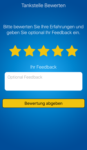 Bewertungsbildschirm der fuelService-App mit Sternen und einem Feedbackfeld
