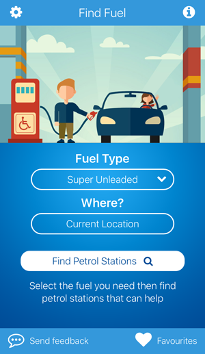 fuelService app screen for choosing a fuel type and searching nearby stations