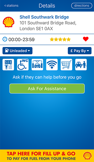 fuelService app station details screen with the Ask for Assistance button