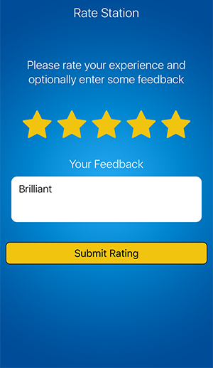 fuelService app rating screen with stars and a feedback box