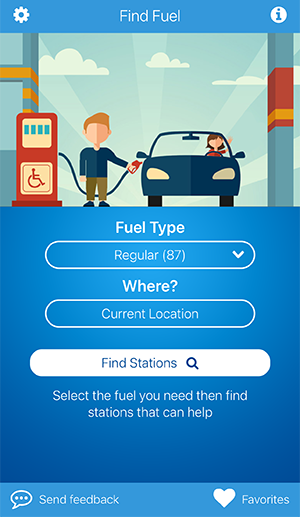 fuelService app screen for choosing a fuel type and searching nearby stations