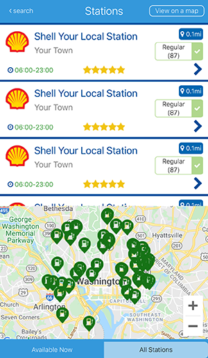 fuelService app list and map of nearby stations