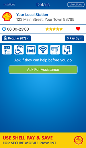 fuelService app station details screen with the Ask for Assistance button