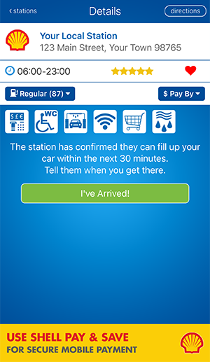 fuelService app confirmation that a station can help within 30 minutes