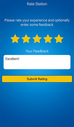 fuelService app rating screen with stars and a feedback box