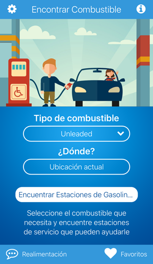 Pantalla de la aplicación fuelService para elegir combustible y buscar estaciones cercanas