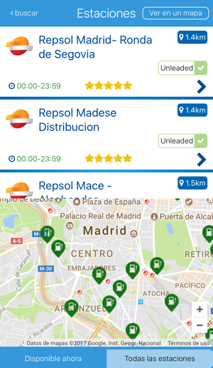 Pantalla de la aplicación fuelService con una lista y un mapa de estaciones cercanas