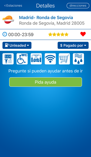 Pantalla de detalles de una estación en la aplicación fuelService con el botón para solicitar ayuda