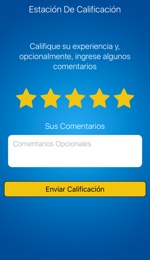 Pantalla de valoración de la aplicación fuelService con estrellas y un cuadro de comentarios