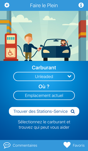 Écran de l'application fuelService pour choisir le carburant et rechercher des stations proches