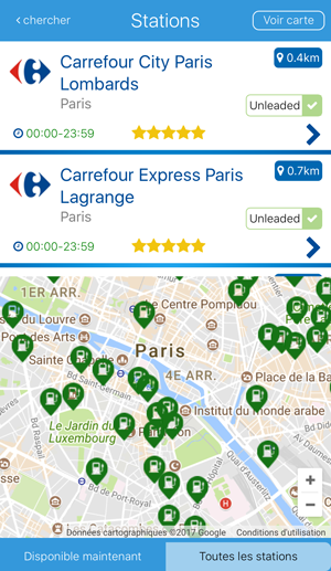 Écran de l'application fuelService avec une liste et une carte des stations proches
