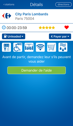 Écran de détails d'une station dans l'application fuelService avec le bouton pour demander de l'aide
