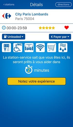 Écran d'arrivée de l'application fuelService avec le bouton Je suis arrivé