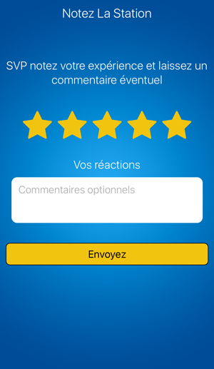 Écran d'évaluation de l'application fuelService avec des étoiles et un champ de commentaire