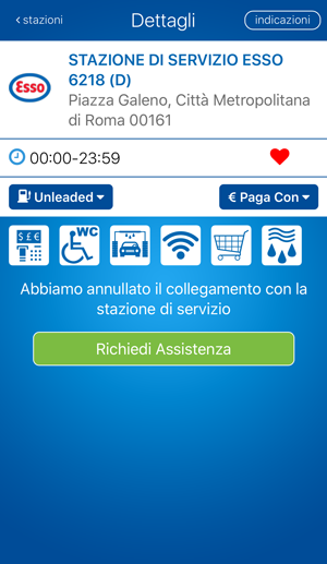 Schermata dei dettagli della stazione nell'app fuelService con il pulsante per chiedere assistenza