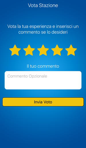 Schermata di valutazione dell'app fuelService con stelle e un campo di feedback