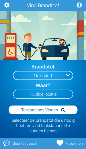 Scherm van de fuelService-app om een brandstofsoort te kiezen en nabijgelegen stations te zoeken