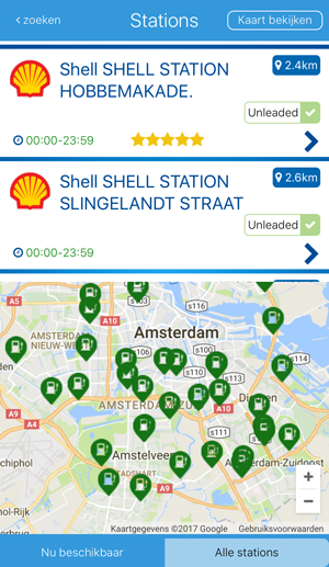 Scherm van de fuelService-app met een lijst en kaart van nabijgelegen stations