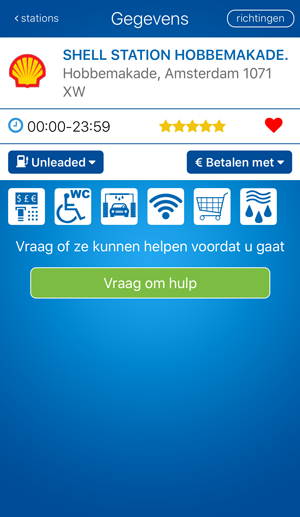 Detailscherm van een station in de fuelService-app met de knop om hulp te vragen