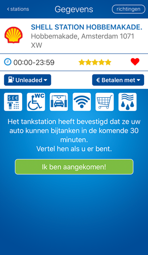 Bevestiging in de fuelService-app dat een station binnen 30 minuten kan helpen