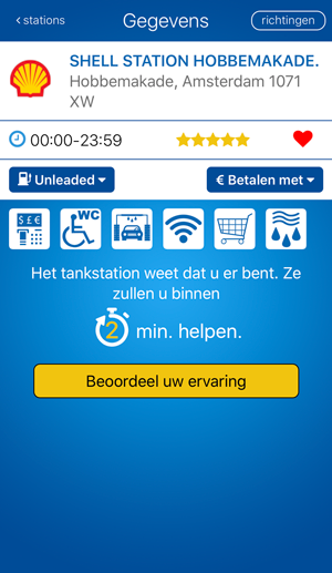 Aankomstscherm van de fuelService-app met de knop Ik ben gearriveerd
