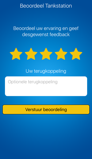 Beoordelingsscherm van de fuelService-app met sterren en een feedbackveld