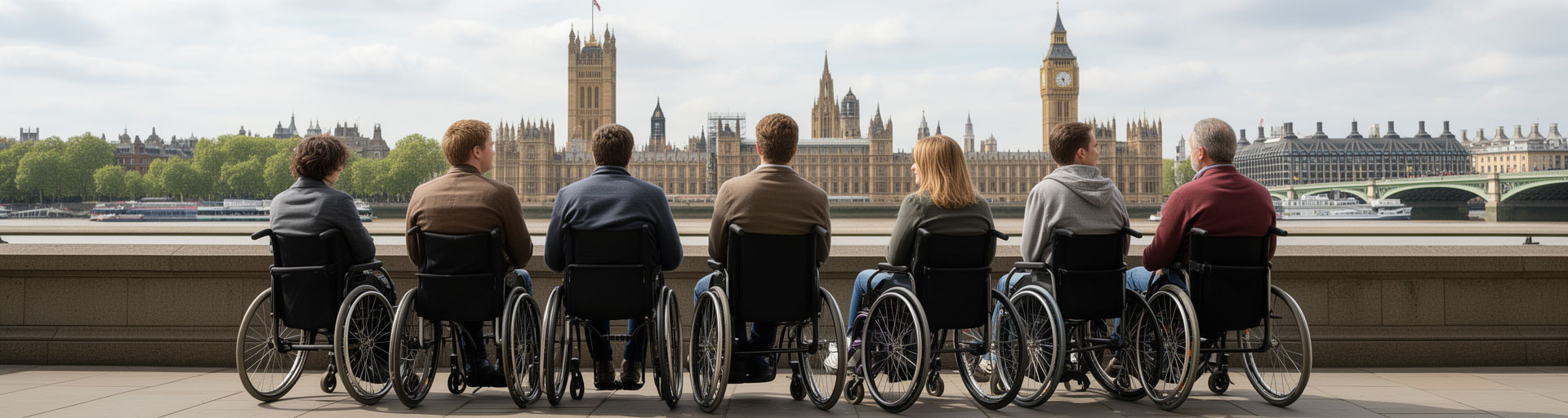 Wheelchair users looking toward the Houses of Parliament