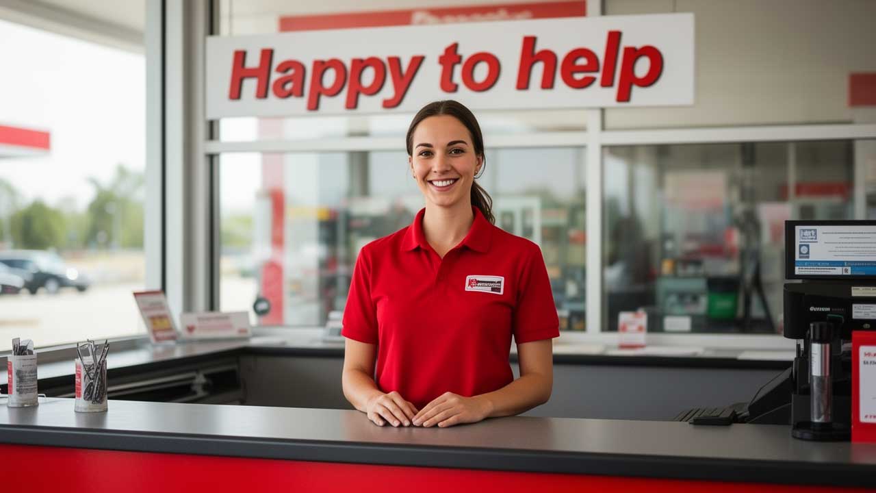 Station staff member smiling beneath a Happy to help sign
