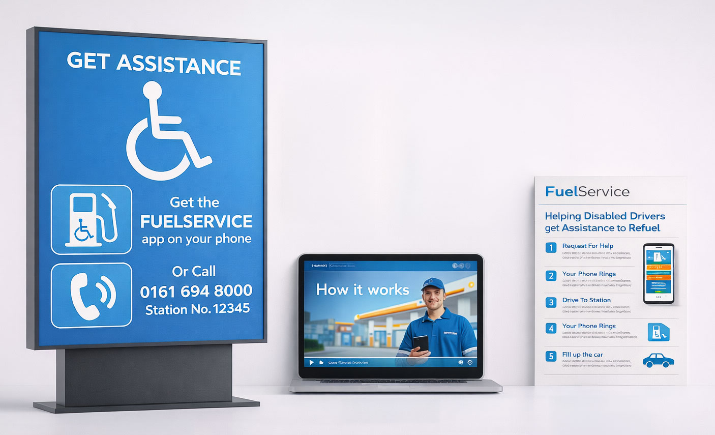 fuelService deployment materials including a sign, training video, and leaflet