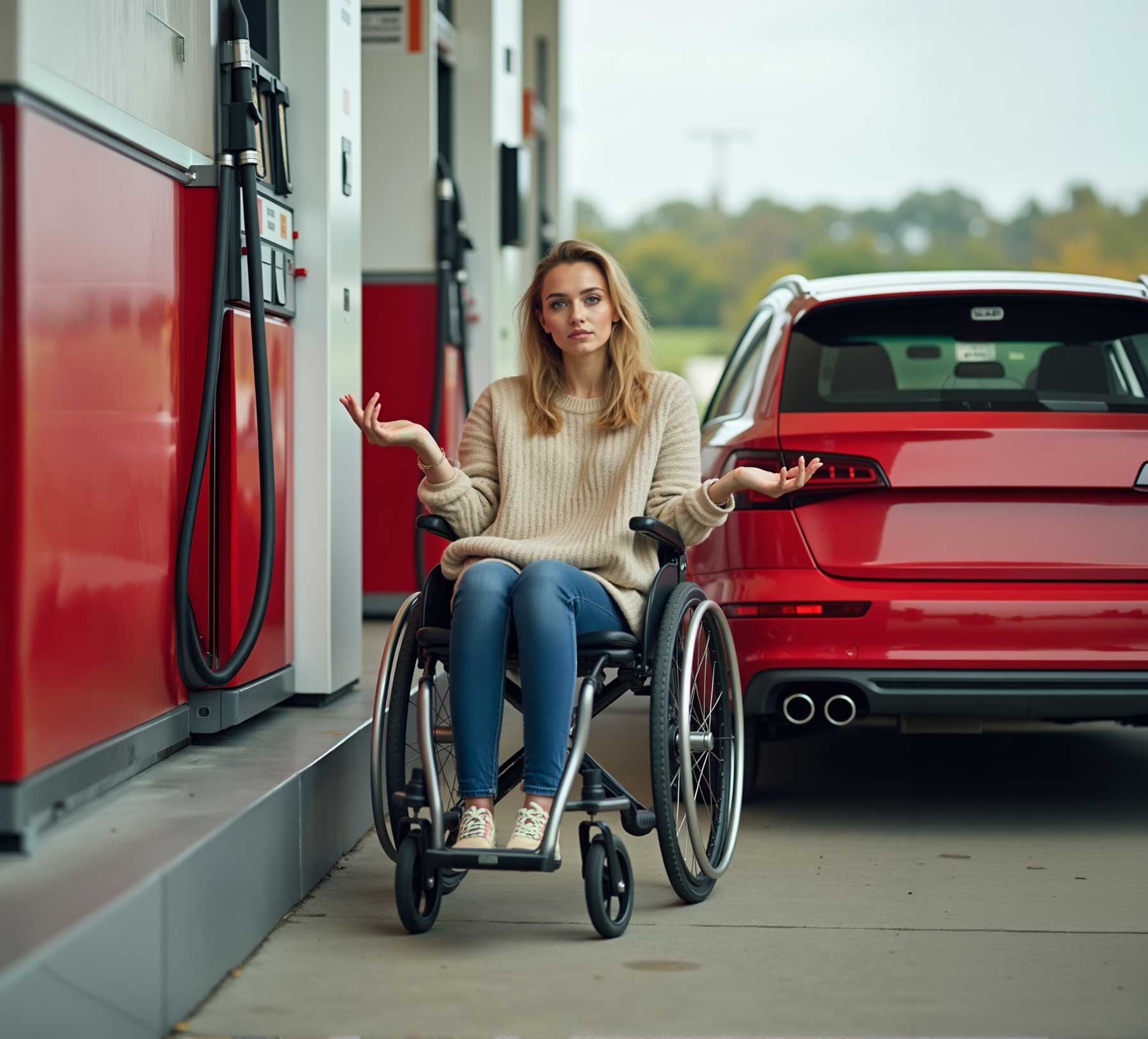Wheelchair user waiting for assistance beside a car at a fuel pump